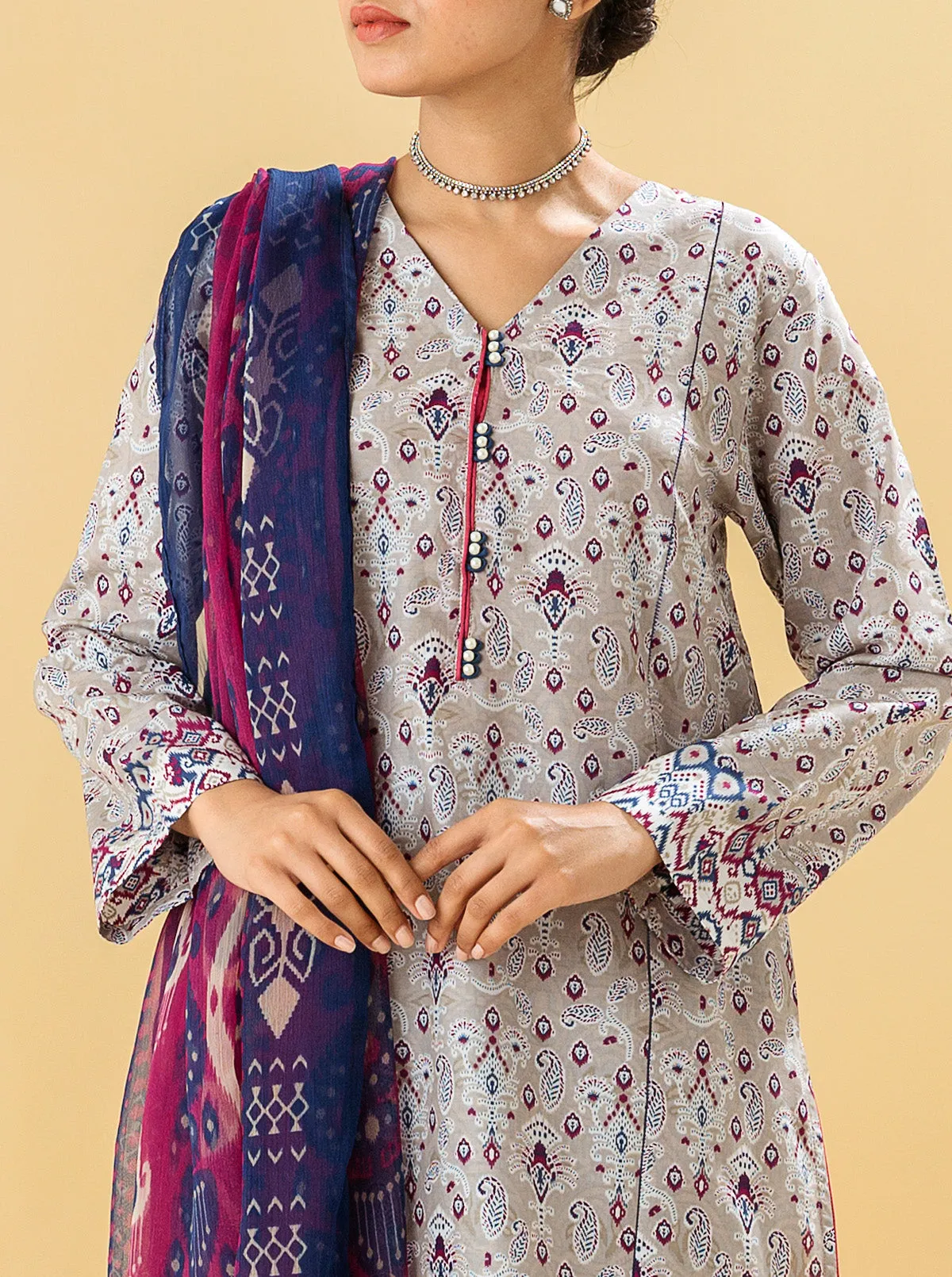 2 PIECE - PRINTED LAWN SUIT - PEARL GREY