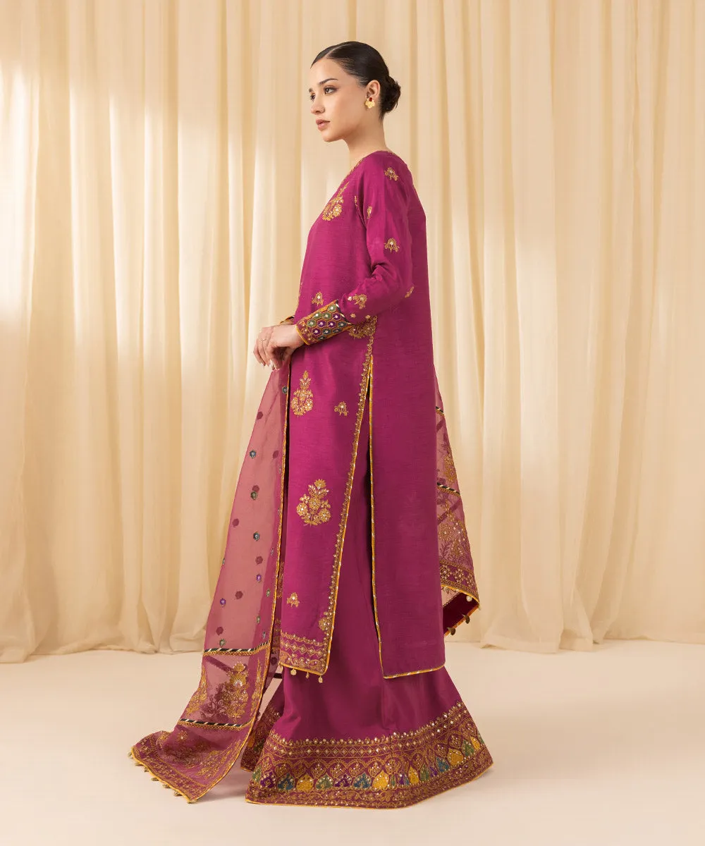 3 Piece -  Embroidered Raw Silk Suit