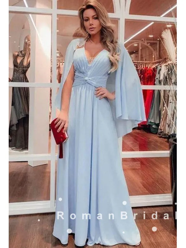 A-Line V-Neck Light Blue Chiffon Long Prom Dresses With Pleats,RBPD0038