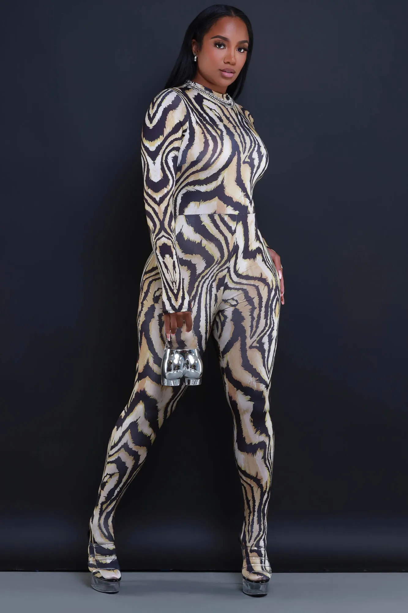 Arrive Now Animal Print Bodycon Jumpsuit - Black Multicolor