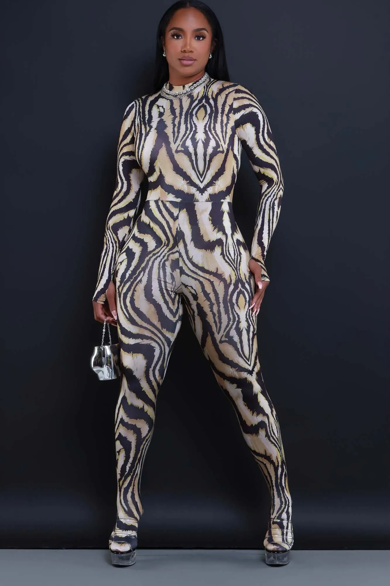 Arrive Now Animal Print Bodycon Jumpsuit - Black Multicolor