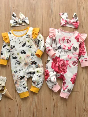 Baby Floral Funtime Long Sleeve Ruffle Romper Onesie