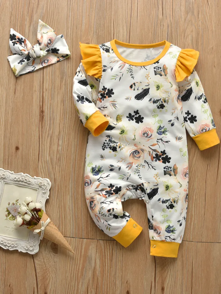 Baby Floral Funtime Long Sleeve Ruffle Romper Onesie