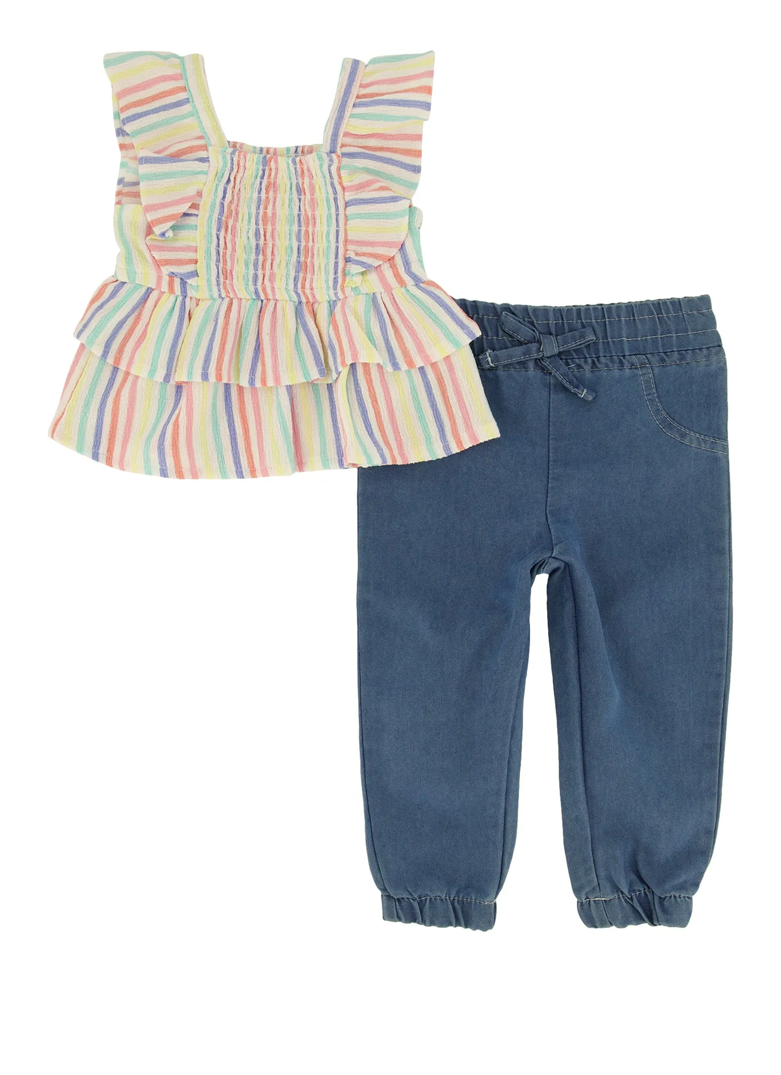 Baby Girls 0-9M Rainbow Stripe Peplum Top and Denim Joggers