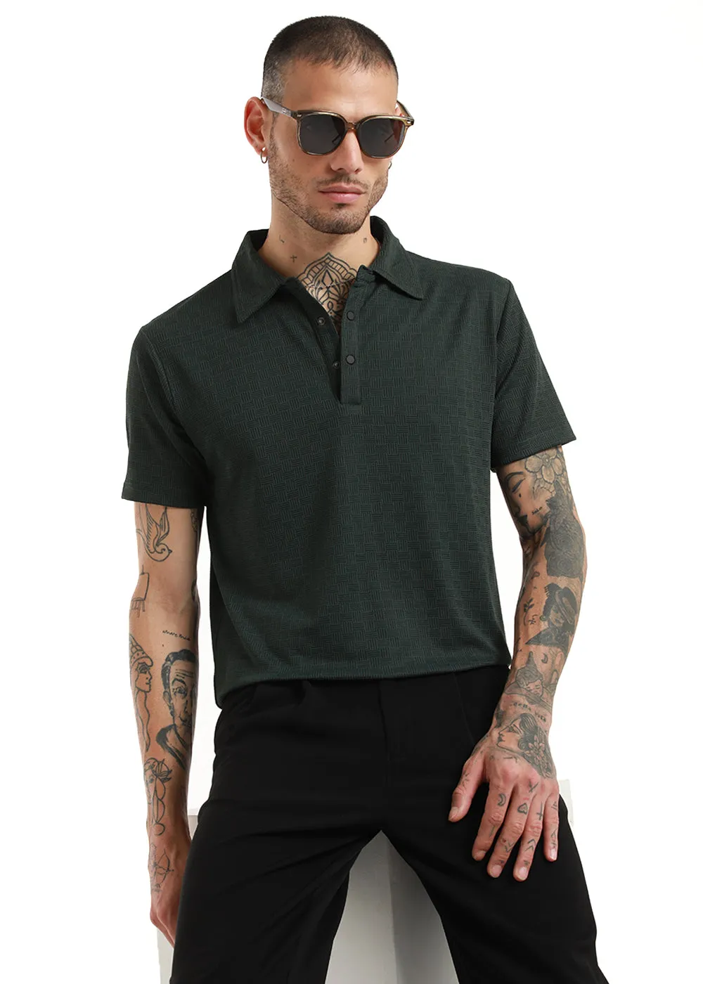 Basket Weave Olive Polo T-shirt