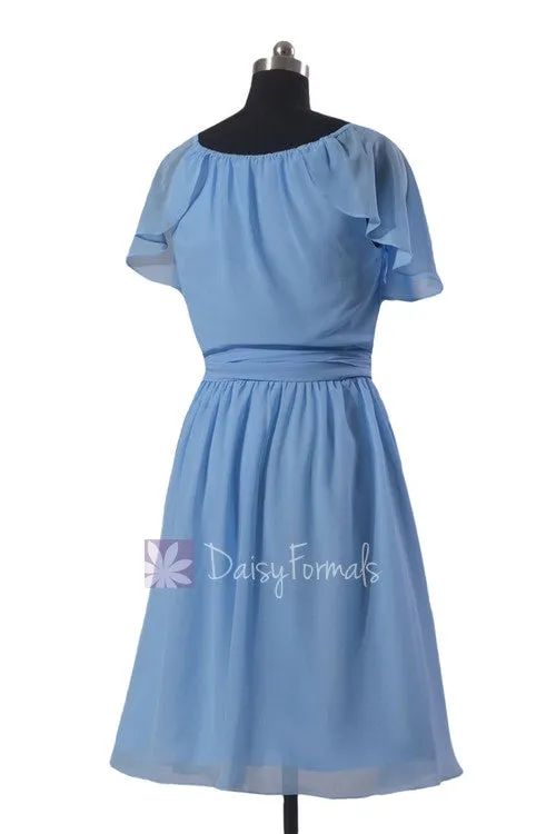 Beautiful Cornflower Chiffon Bridesmaid Dress Short Formal Dress W/Flutter Sleeves(BM1462)