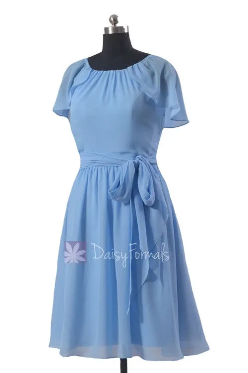 Beautiful Cornflower Chiffon Bridesmaid Dress Short Formal Dress W/Flutter Sleeves(BM1462)