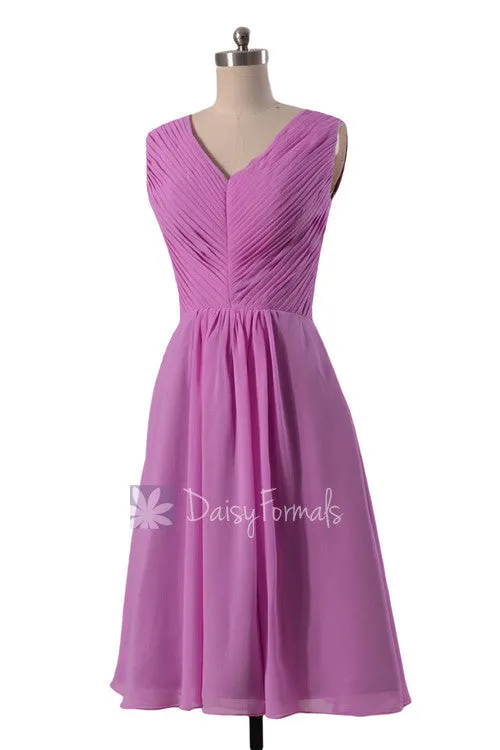 Beautiful Wisteria Chiffon Formal Dress Short Pleated Bridesmaid Dress W/V-Neck(BM5194S)