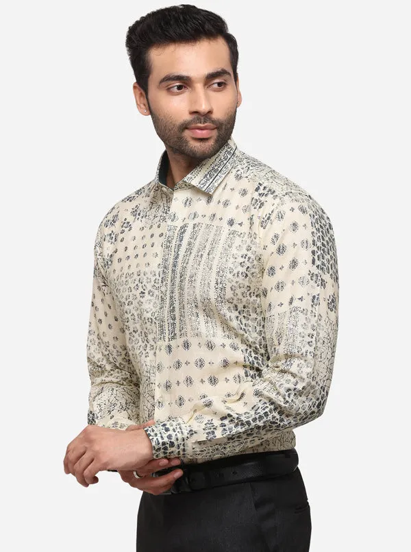 Beige & Grey Printed Slim Fit Party Wear Shirt | JB Studio