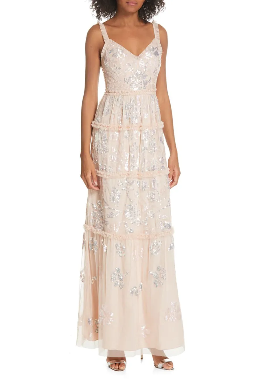 Beige Floral Gloss Sequins Gown