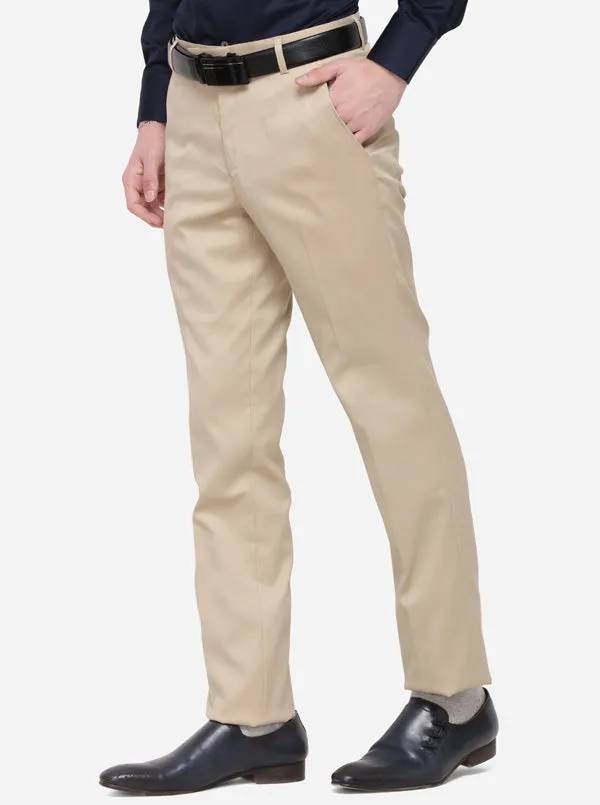 Beige Solid Slim Fit Formal Trouser | Greenfibre