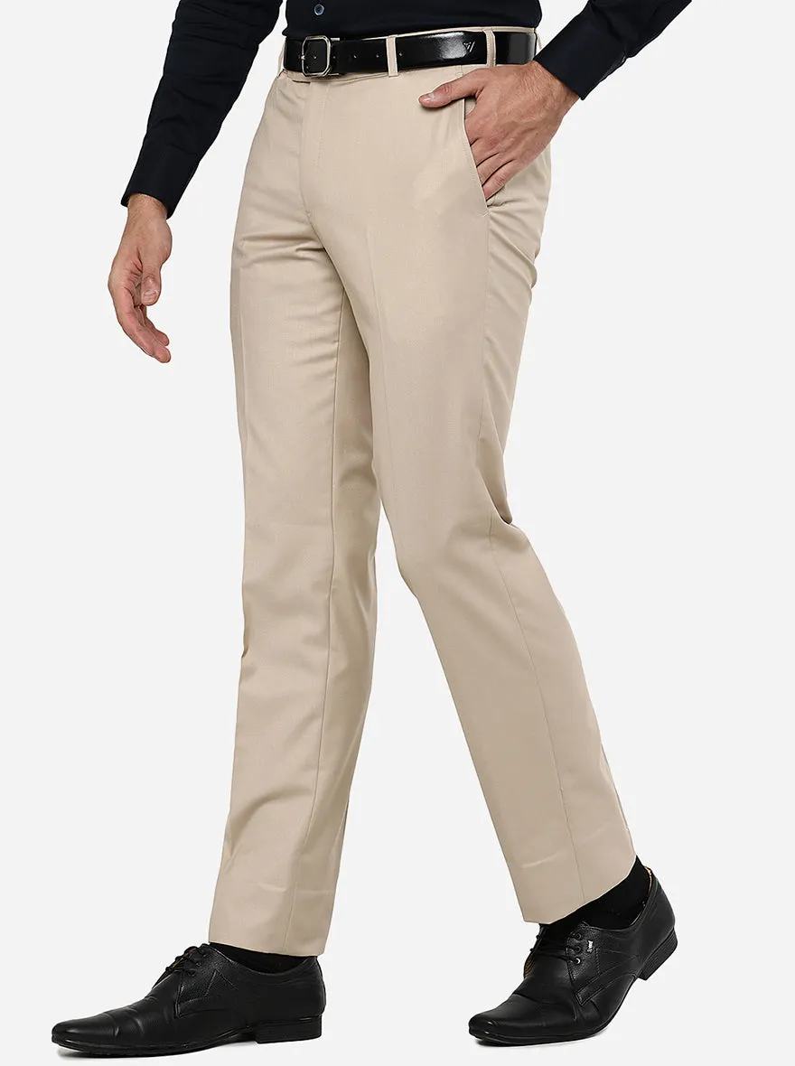 Beige Solid Slim Fit Formal Trouser | Metal