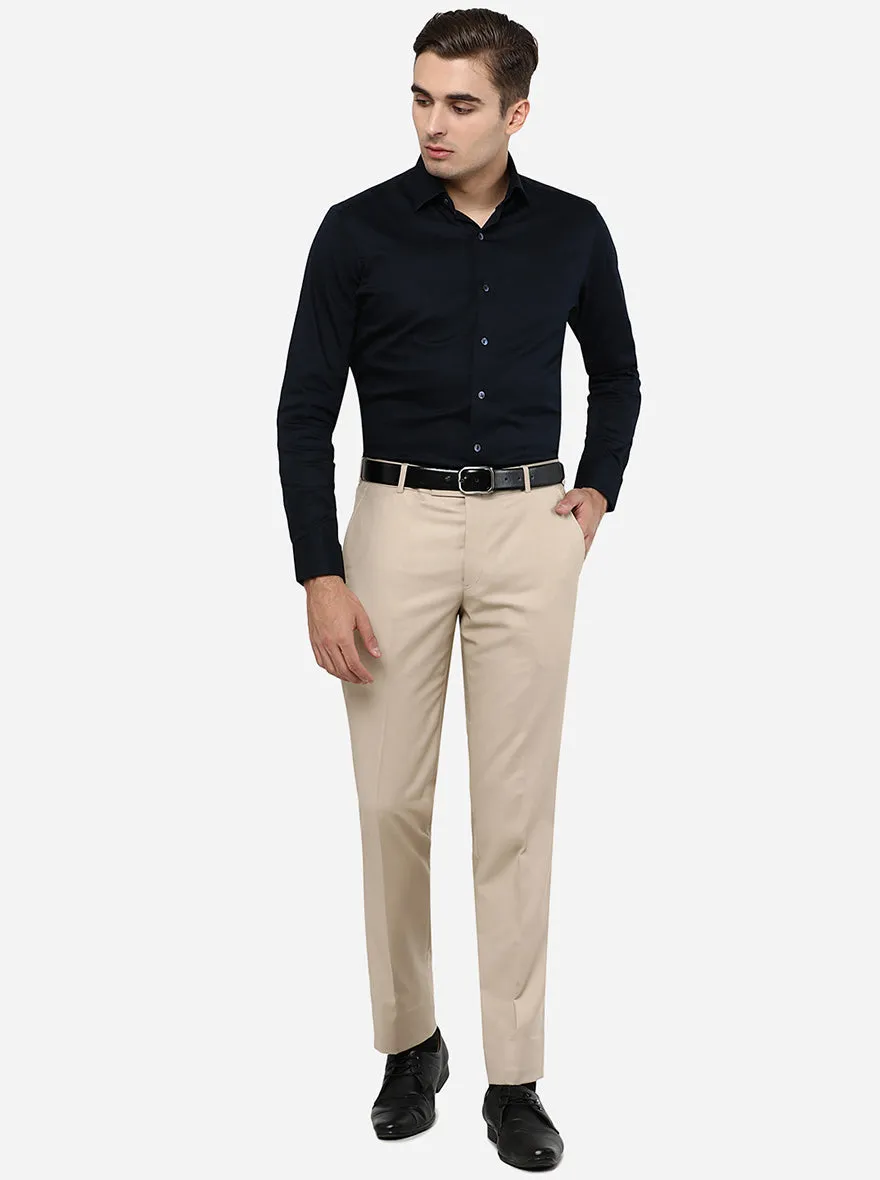 Beige Solid Slim Fit Formal Trouser | Metal