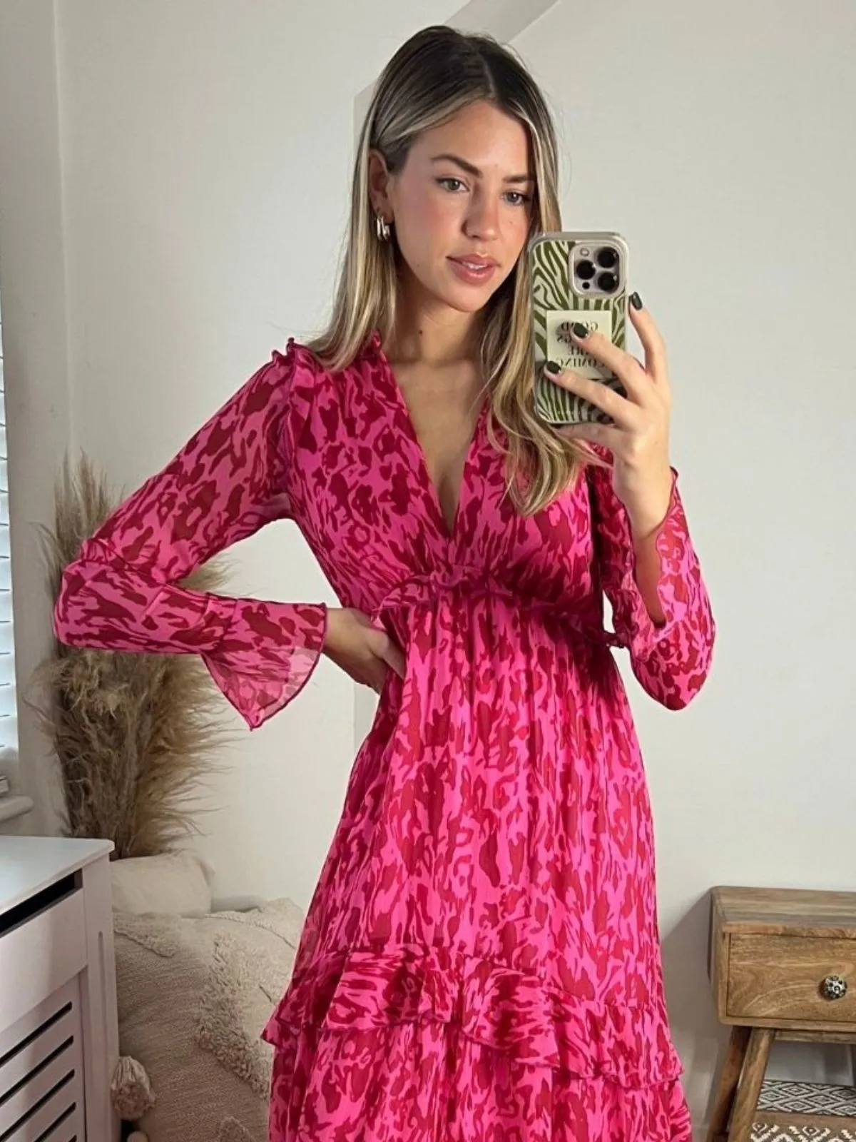 Birdie Frill Tie Back Dress / Pink Animal