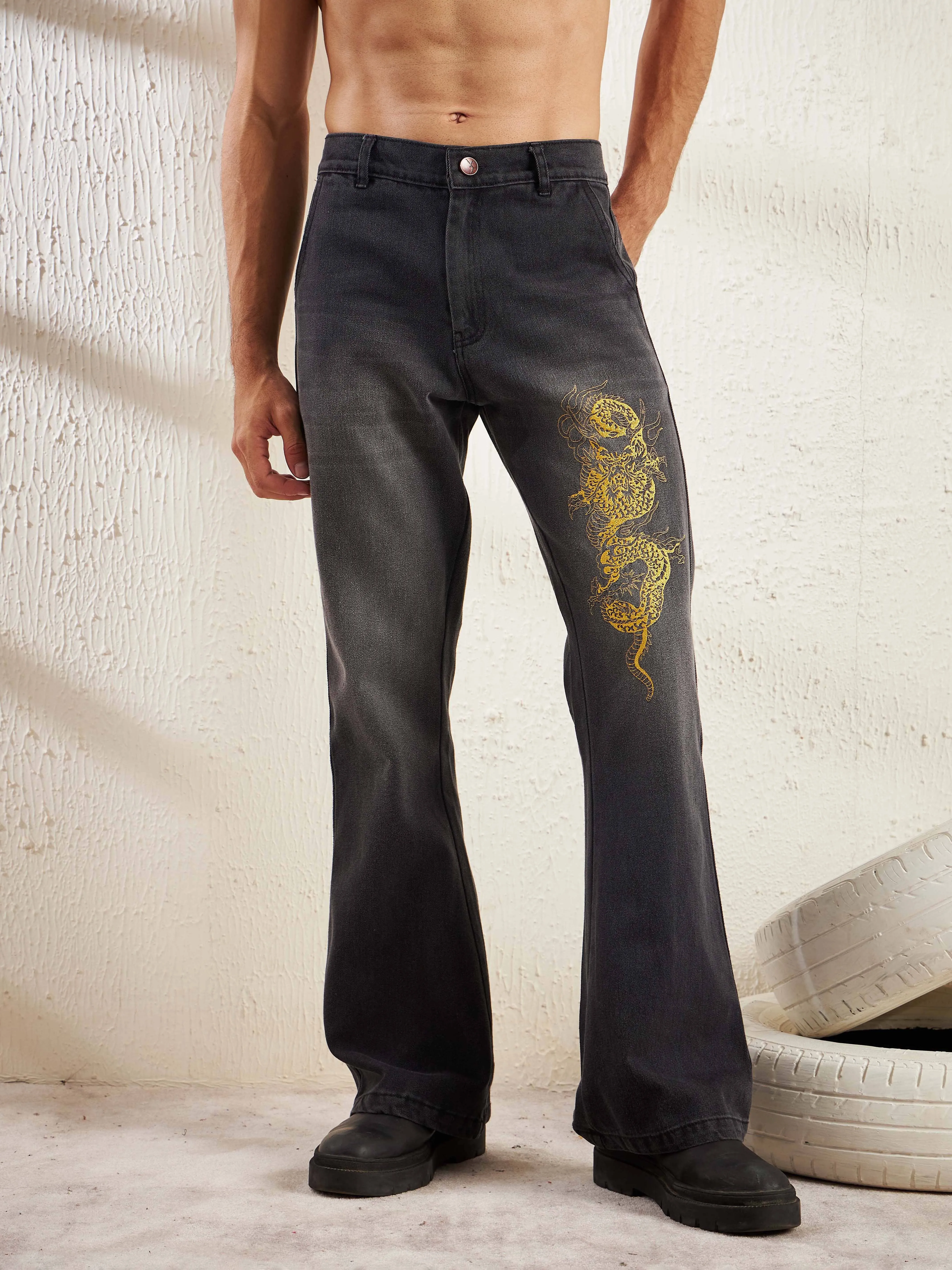 Black Dragon Embroidery Flared Denim