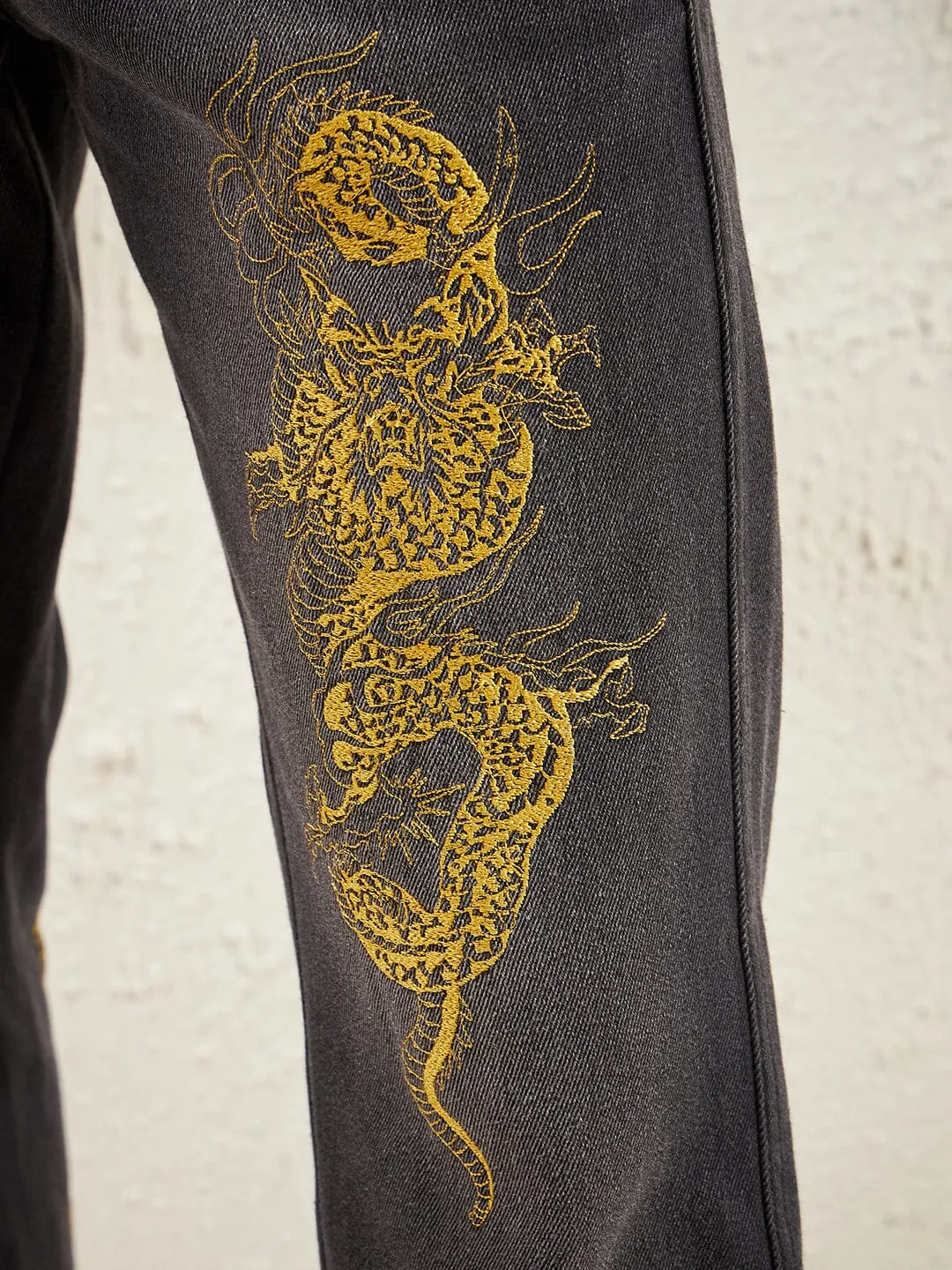 Black Dragon Embroidery Flared Denim