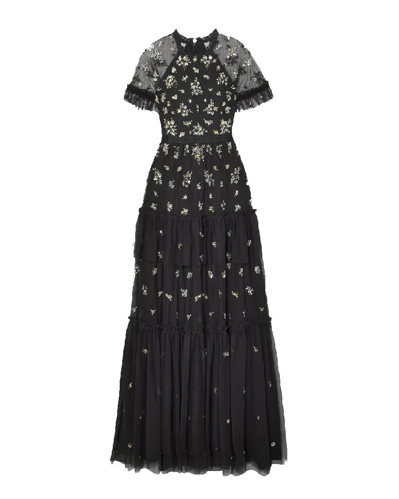 Black Lustre Short Sleeves Embellished Gown