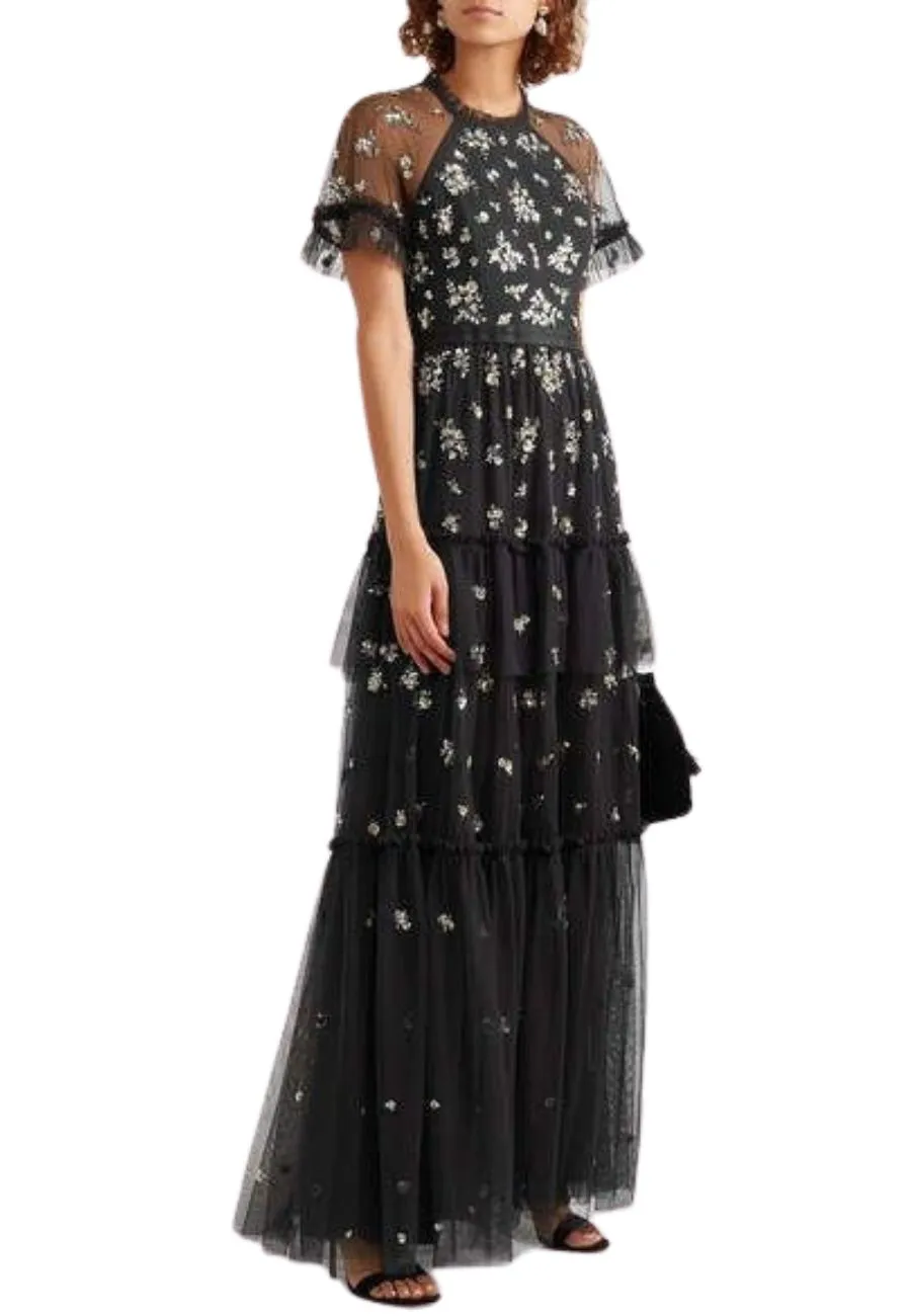 Black Lustre Short Sleeves Embellished Gown