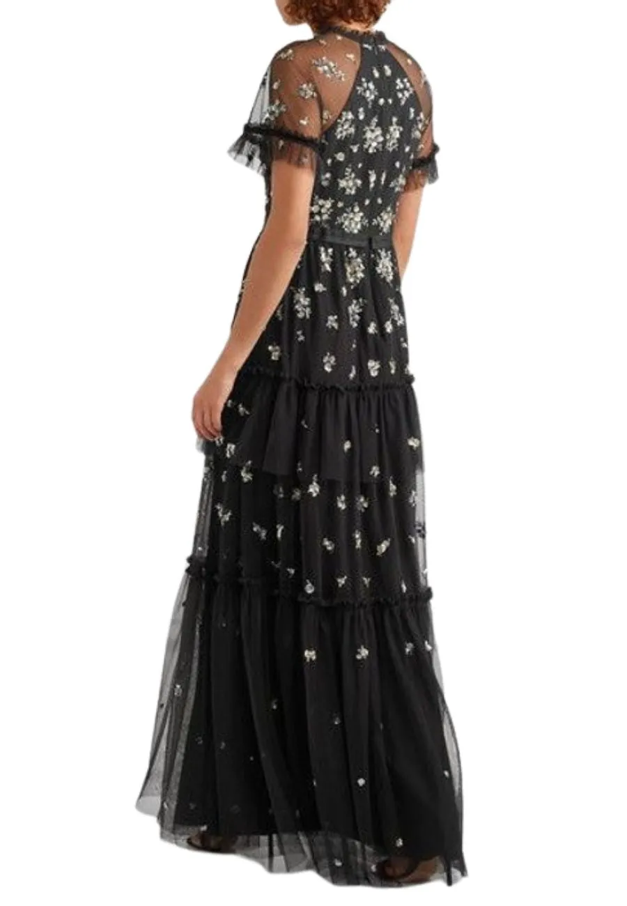 Black Lustre Short Sleeves Embellished Gown