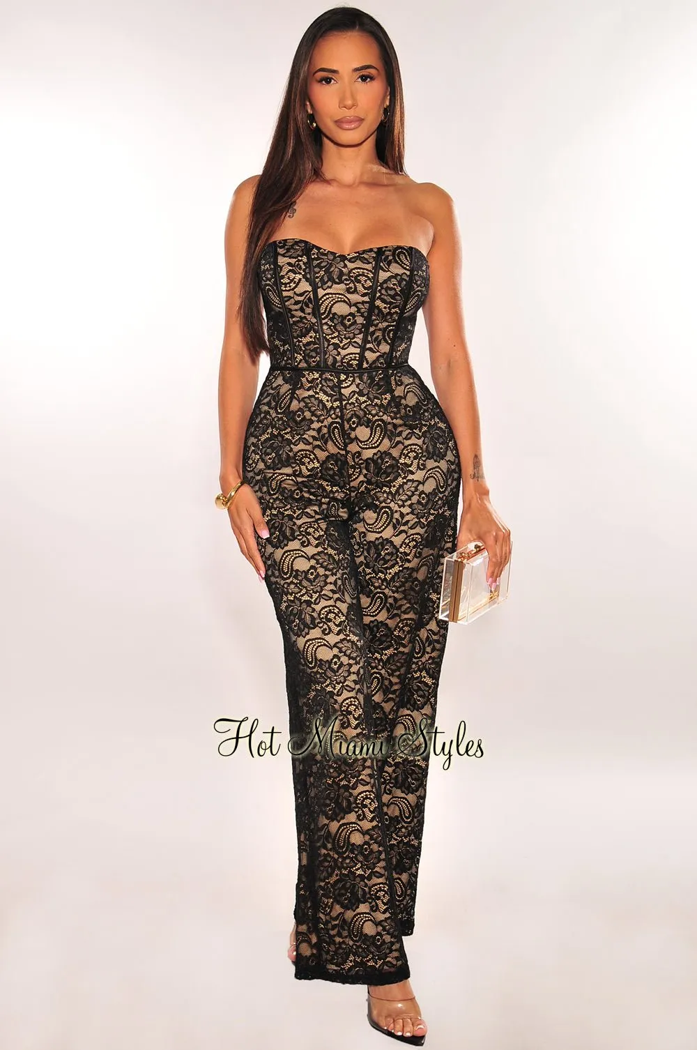 Black Nude Lace Strapless Boned Palazzo Jumpsuit