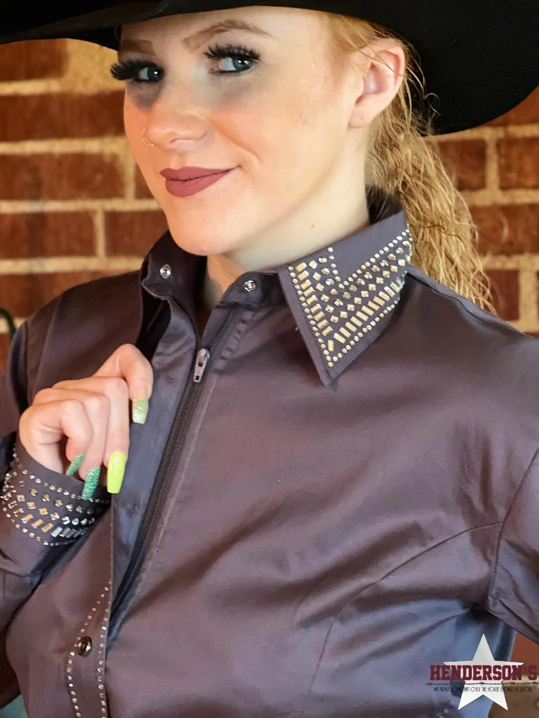 Bling Concealed Zipper Show Shirt - Charcoal