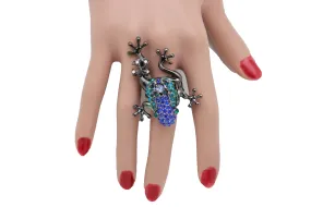 Blue & Green Rhinestone Frog Pewter Band Ring