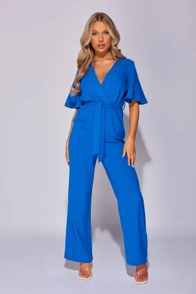 Blue Flute Sleeve Self Belt Wide Leg Jumpsuit