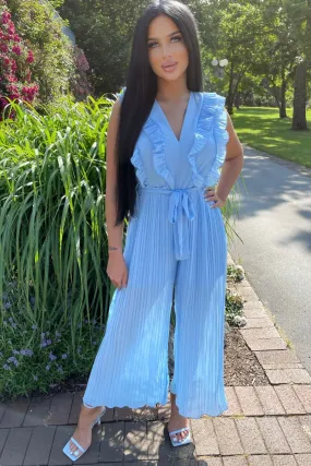 Blue  Frill Detail Plisse Pleat Wide Leg Jumpsuit