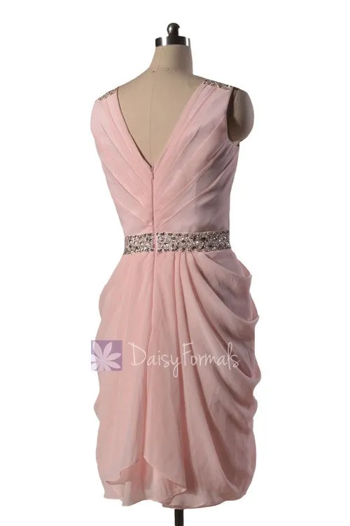 Blush Pink Party Dress Beaded V-Neck Pink Chiffon Bridesmaid Dress Short Pink Prom Dress (BM875)