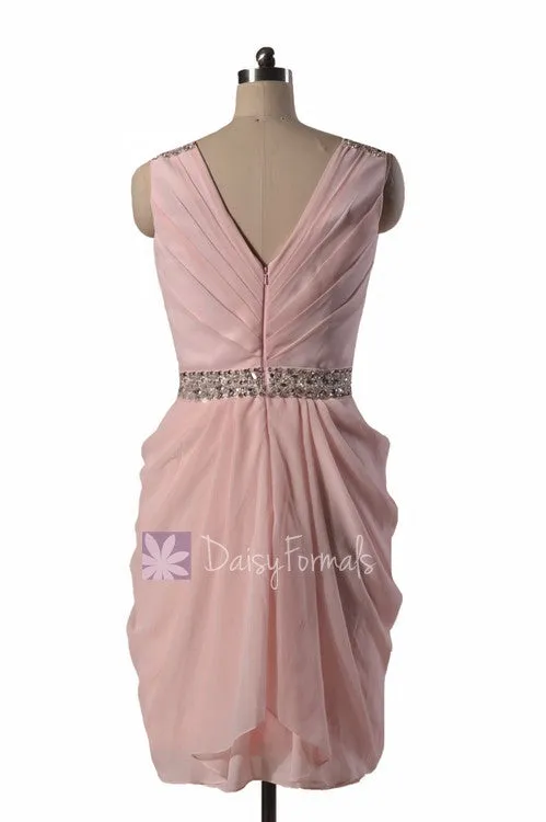 Blush Pink Party Dress Beaded V-Neck Pink Chiffon Bridesmaid Dress Short Pink Prom Dress (BM875)