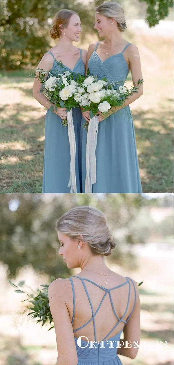 Charming Dusty Blue Chiffon Long Cheap Bridesmaid Dresses, TYP1777