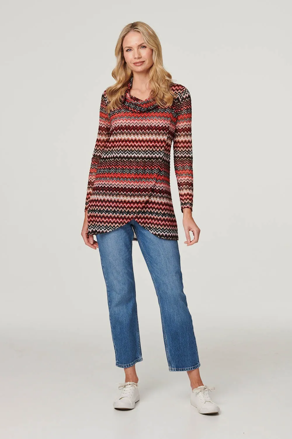 Chevron Print Cowl Neck Top