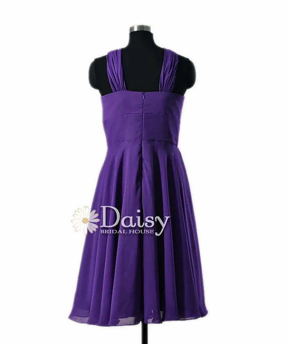 Chic Knee Length Purple Bridal Party Dress Chiffon Prom Dress W/Straps(BM856A)