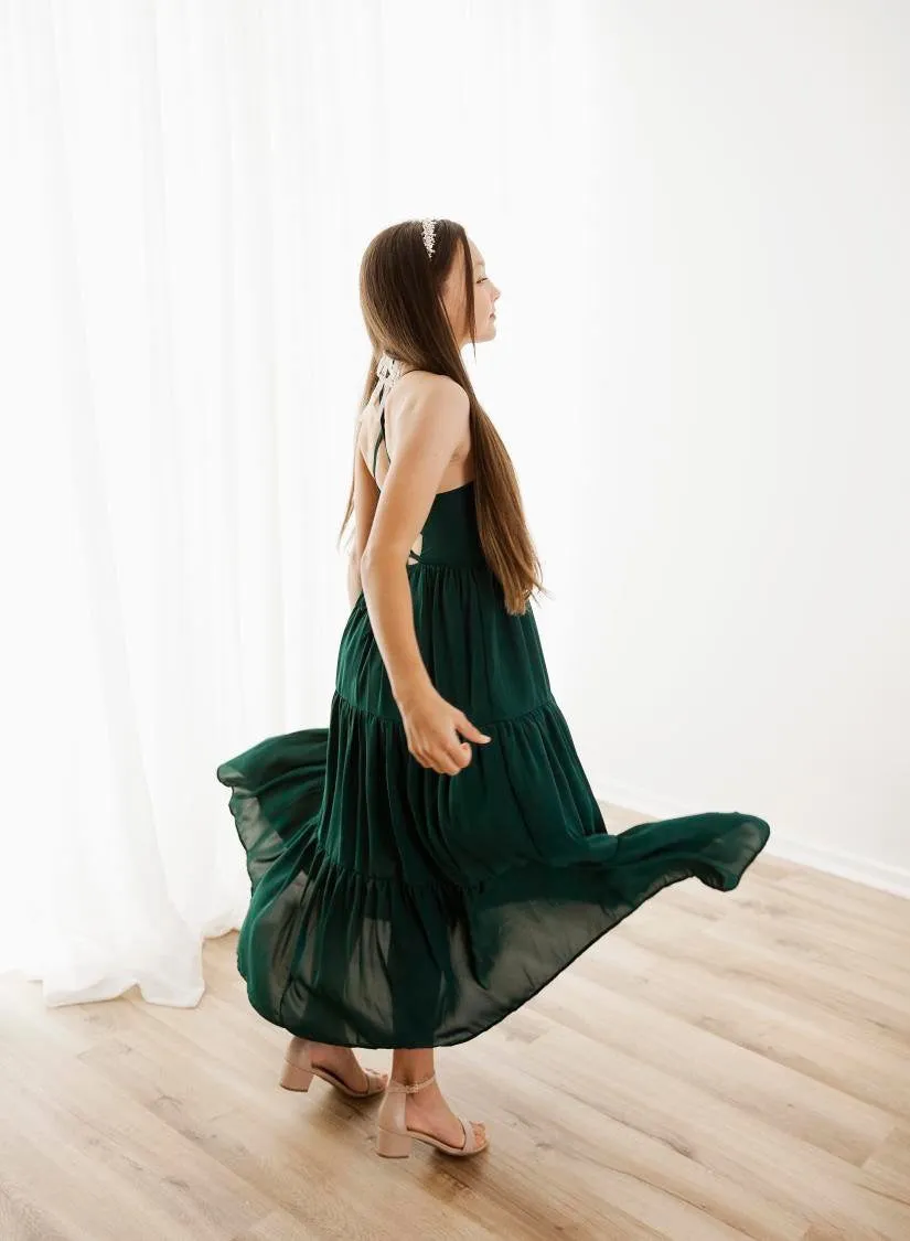 Clara Chiffon Girls Maxi Dress Forest Green