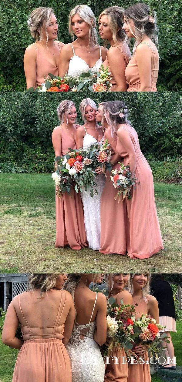 Coral Spaghetti Strap Chiffon Floor Length Bridesmaid Dresses, TYP1776