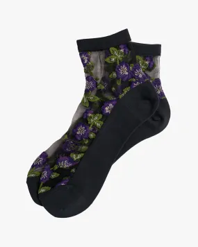 Debby Co., Ankle Socks, Andé Collection, Mesh Black with Purple Flowers