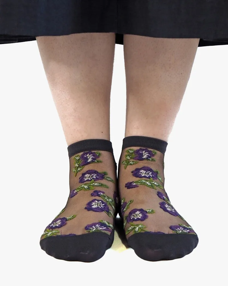 Debby Co., Ankle Socks, Andé Collection, Mesh Black with Purple Flowers