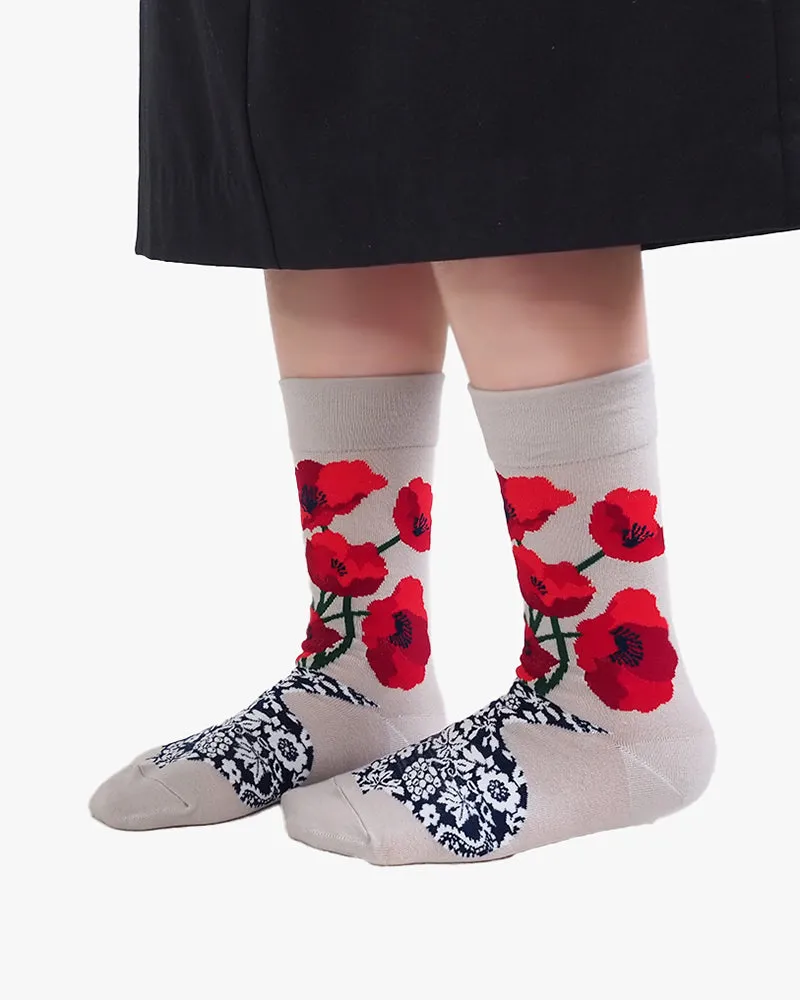 Debby Co., Crew Socks, Andé Collection, Grey with Red Flowers and Indigo Patterns