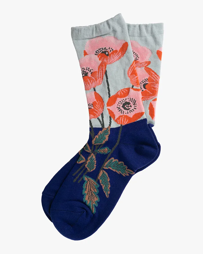 Debby Co., Crew Socks, Andé Collection, Navy and Pink Flowers