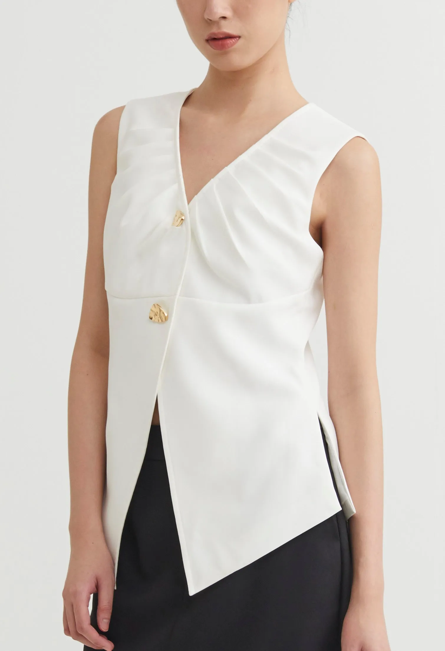 Double Buttoned V-Neck Ruched Vest