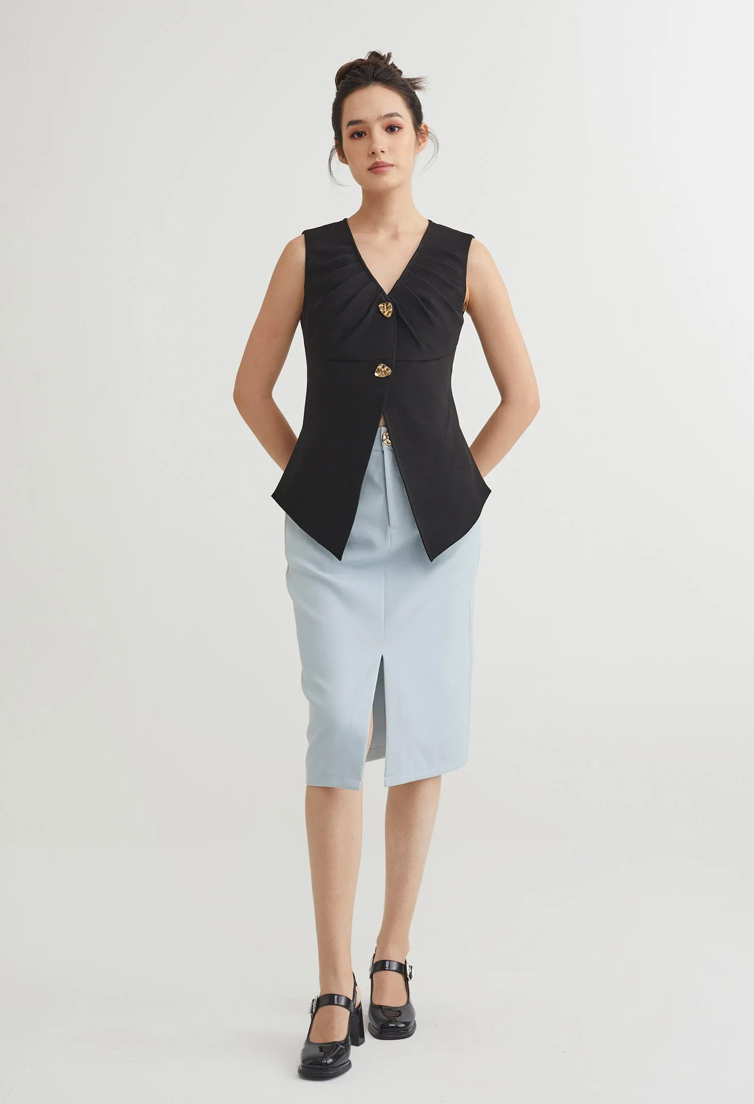 Double Buttoned V-Neck Ruched Vest