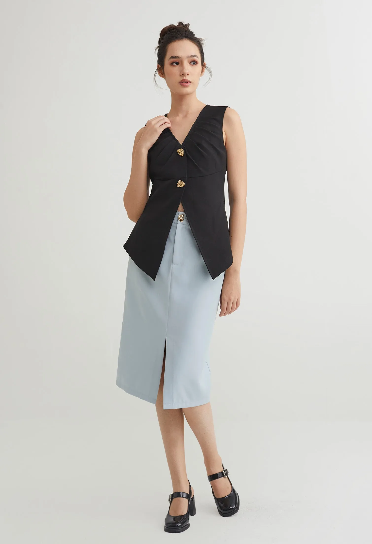 Double Buttoned V-Neck Ruched Vest