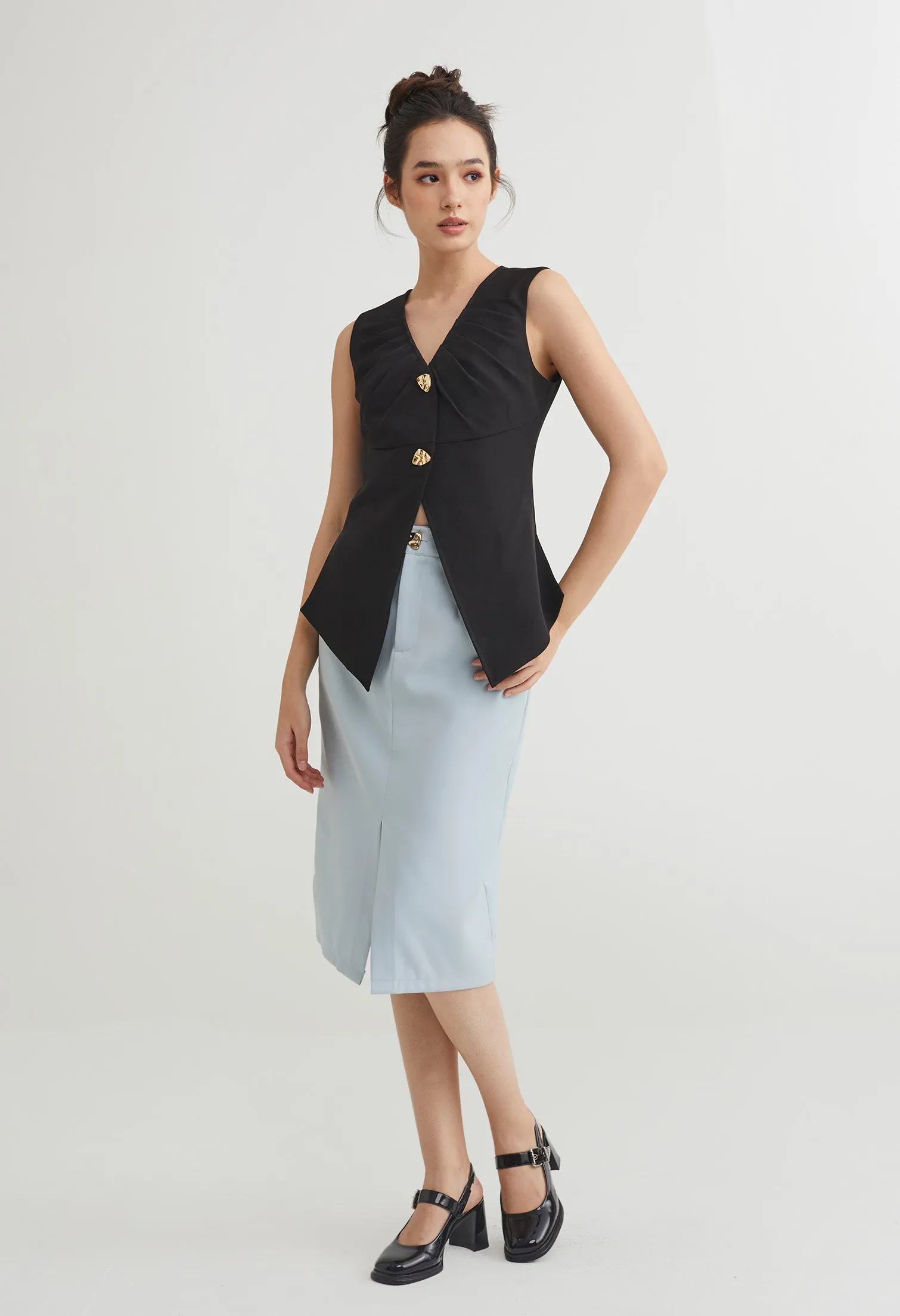 Double Buttoned V-Neck Ruched Vest