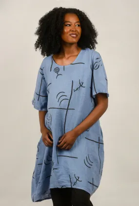 Drawstring Fish Print Dress, Blue