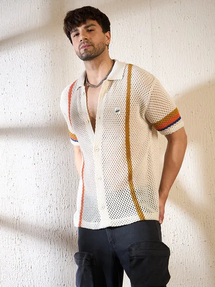 Ecru Crochet Striped Knitted Shirt