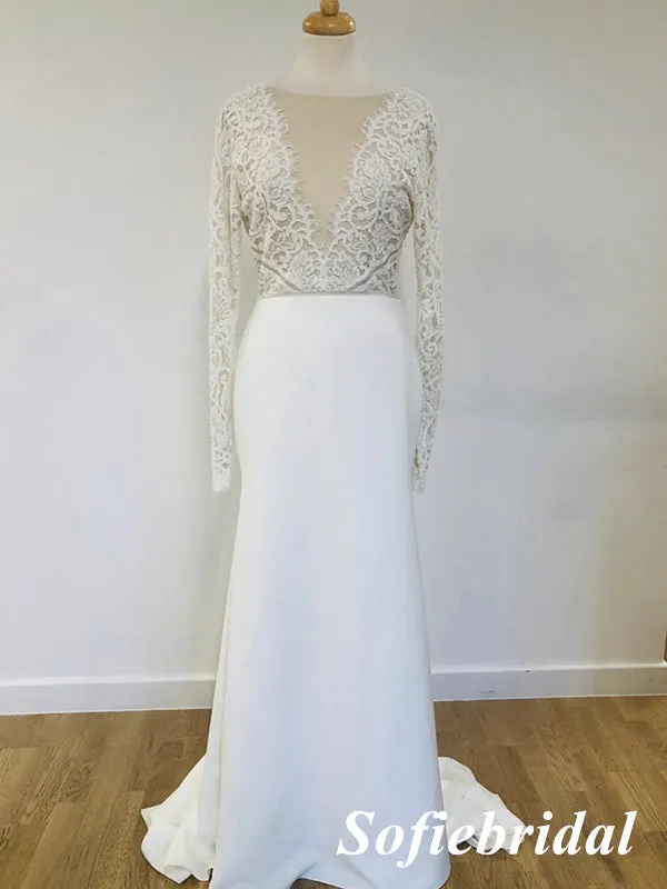 Elegant Lace And Chiffon Long Sleeves Open Back Mermaid Long Wedding Dresses,SFWD0079