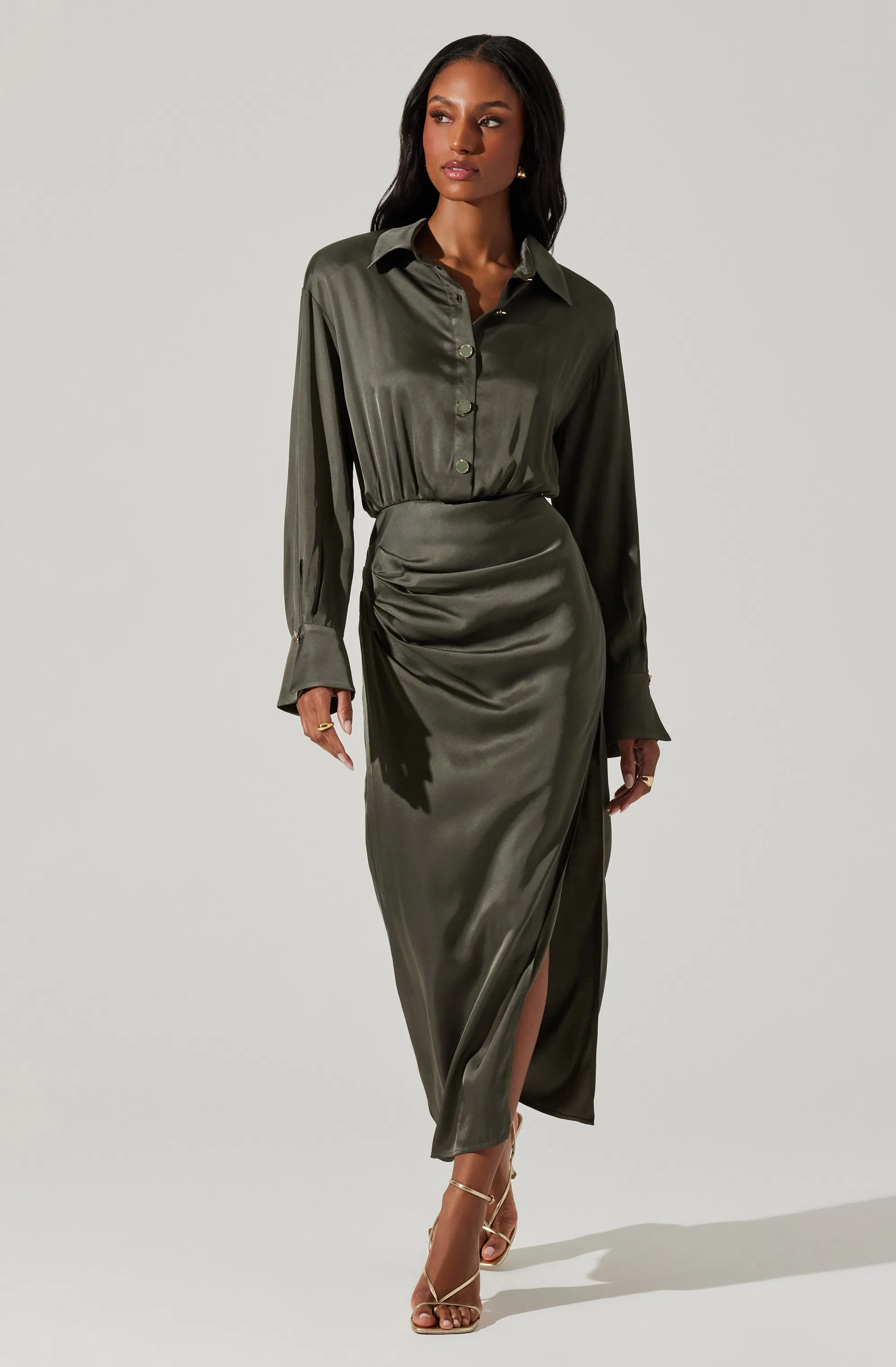 Elizabello Satin Shirt Midi Dress