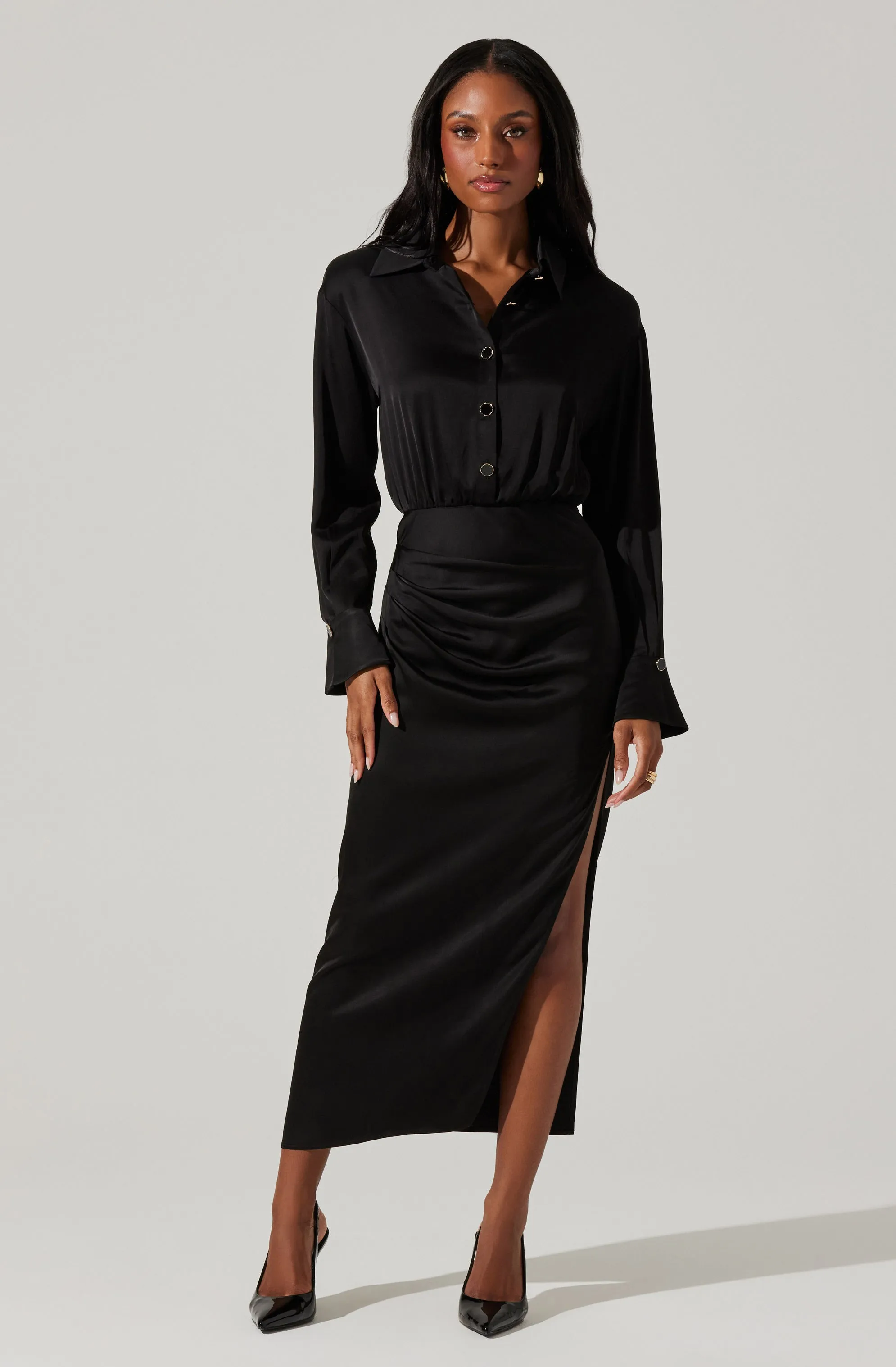 Elizabello Satin Shirt Midi Dress