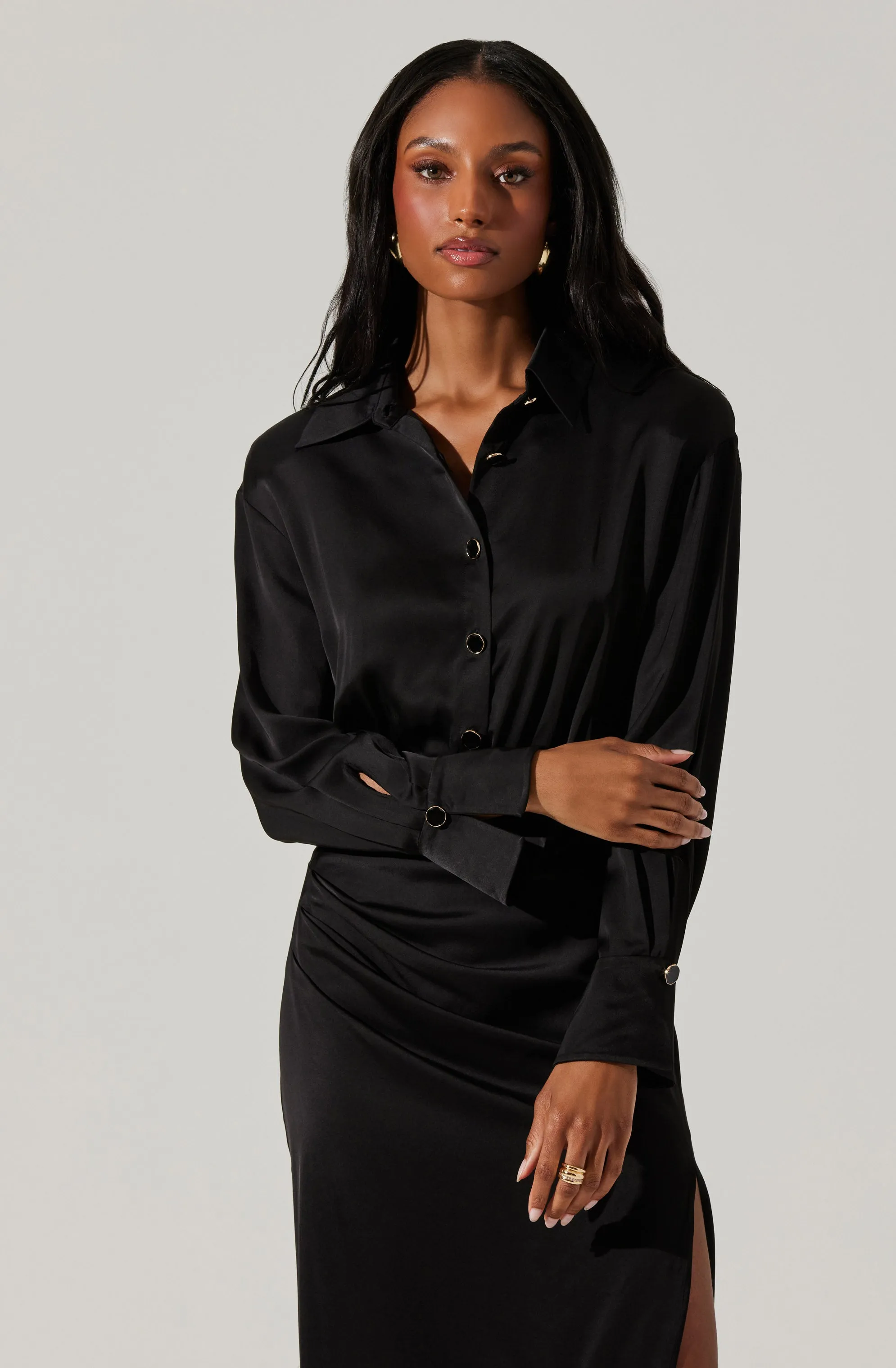 Elizabello Satin Shirt Midi Dress