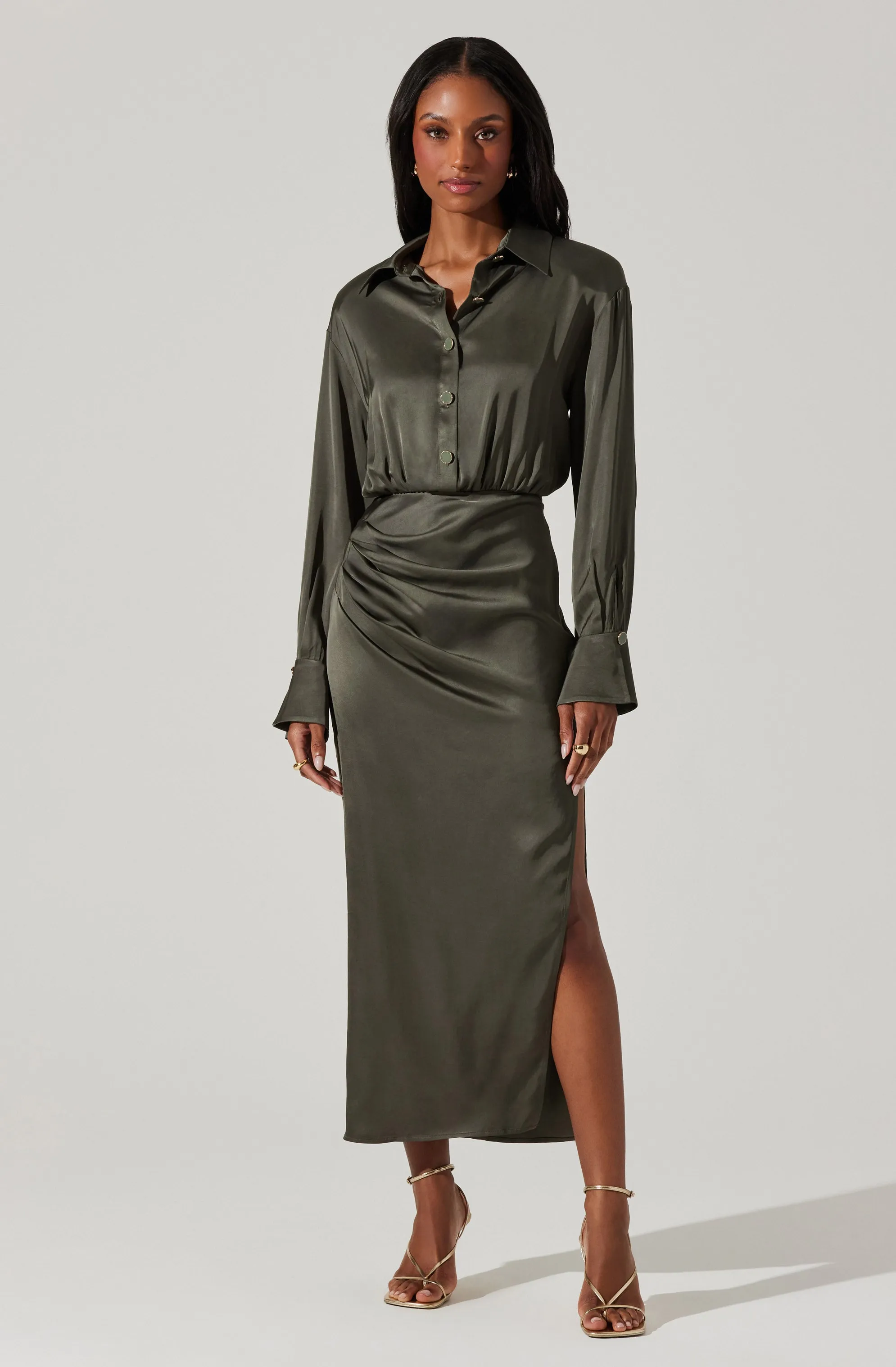 Elizabello Satin Shirt Midi Dress